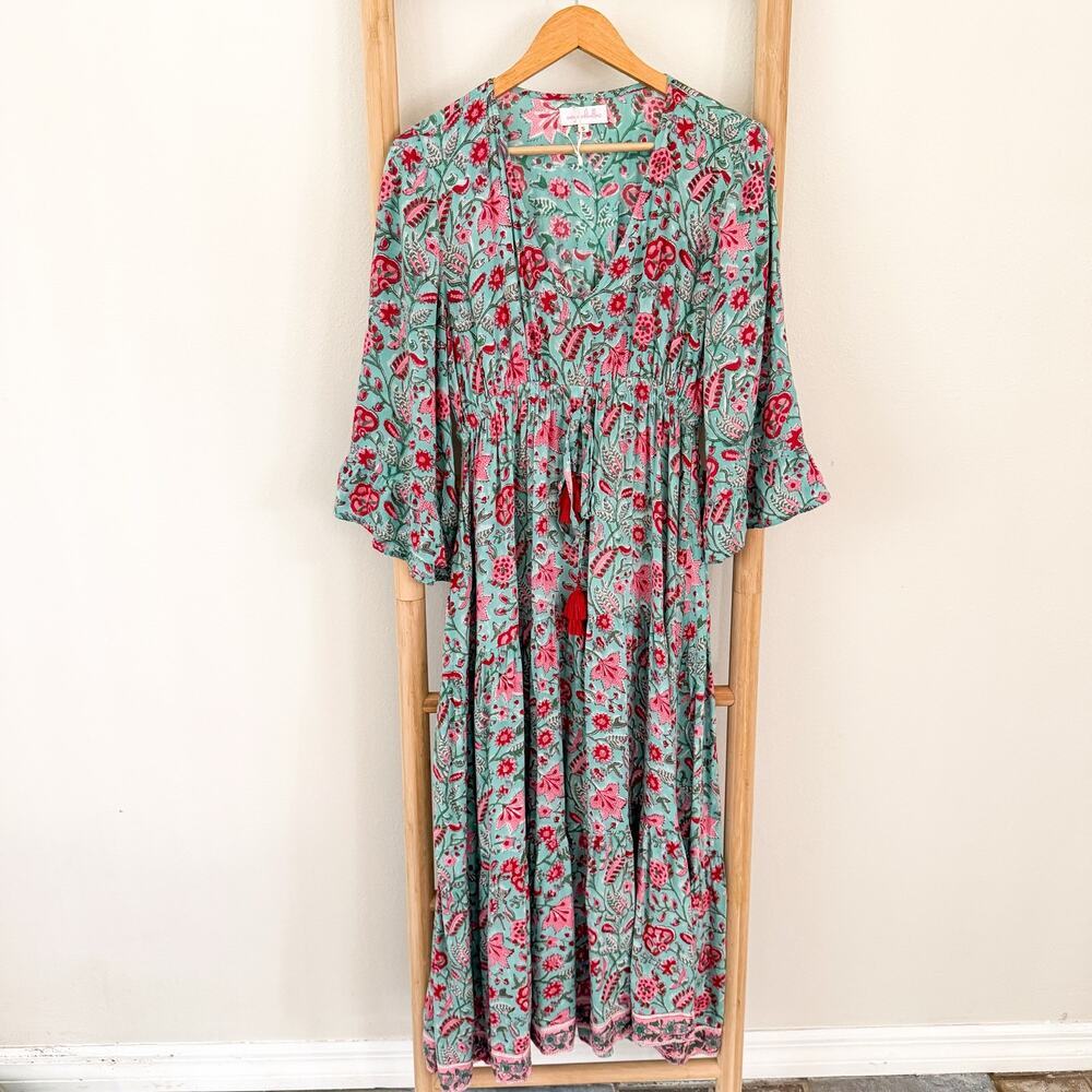Mary Marshmallow Floral Boho Maxi Dress Mint Pink Tassel Tie Size Small